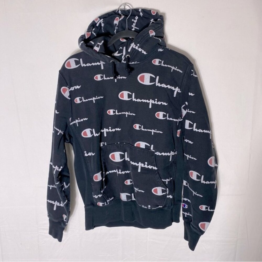 Vintage Champion Reverse Weave Black All Over Logo Print Hoodie M Streetwear
